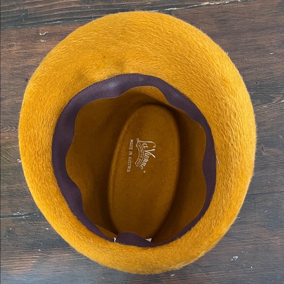 La Vienne stylish orange fedora hat with ribbon & brass  detail Austria/USA